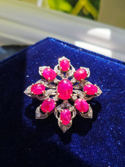 14k Gold & Silver Antique Ruby Cabochon Diamond Brooch | Indulgems