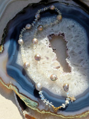 14K Yellow Gold Rainbow Moonstone Freshwater Mermaid Baroque Pearl Diamond Bee Charm Necklace 24"