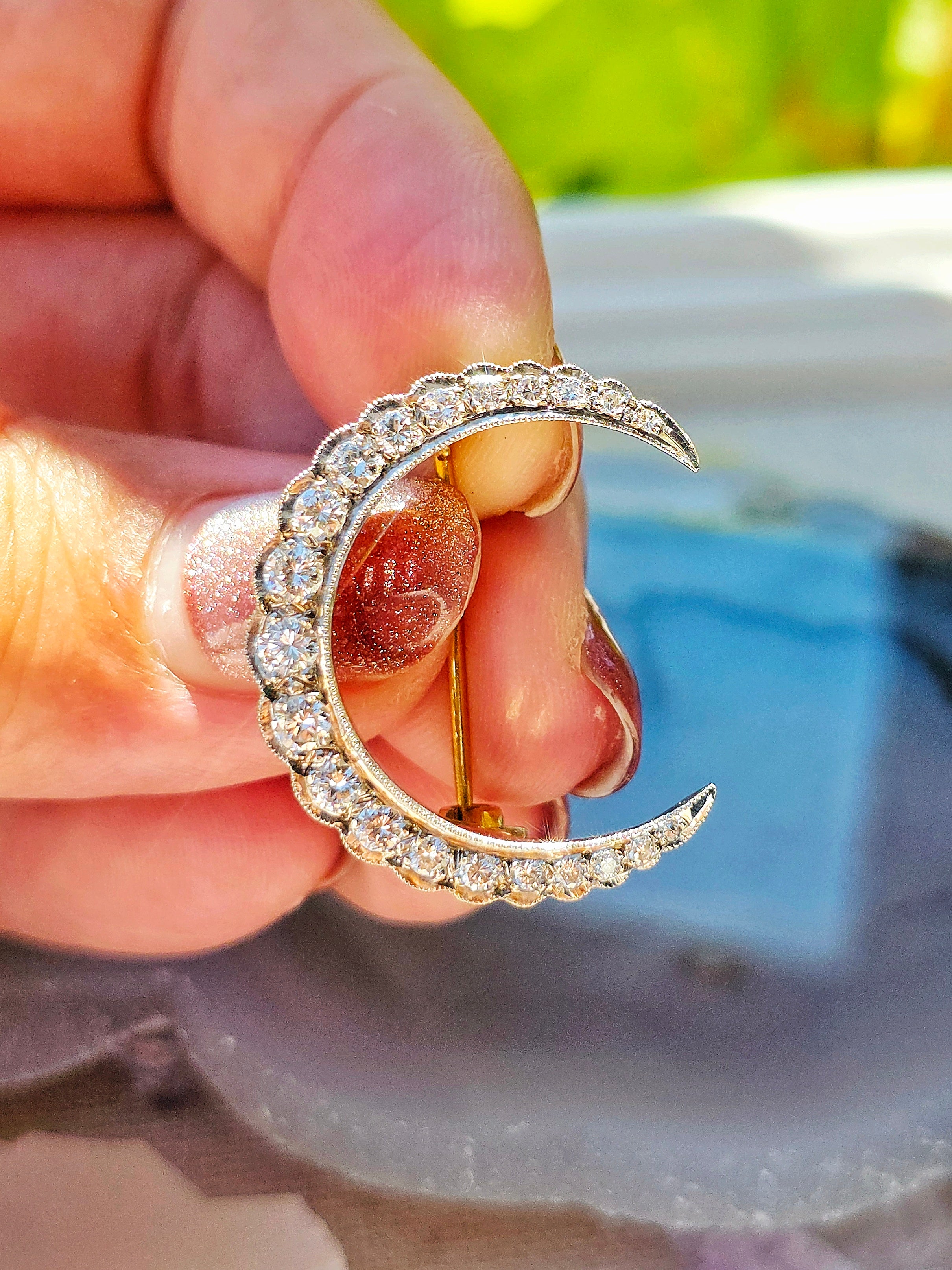 14k Gold Diamond Crescent Moon Brooch | Indulgems