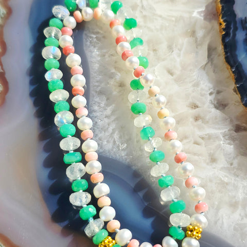 18K Yellow Gold Gemstone Halfsie Necklace with Chrysoprase, Rainbow Moonstone, Pink Shell & Freshwater Pearl | Indulgems | Designs in Real Gold