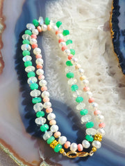 18K Yellow Gold Gemstone Halfsie Necklace with Chrysoprase, Rainbow Moonstone, Pink Shell & Freshwater Pearl | Indulgems | Designs in Real Gold