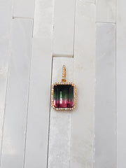 Watermelon Tourmaline & Diamond 18K Gold Gemstone Emerald Cut Pendant
