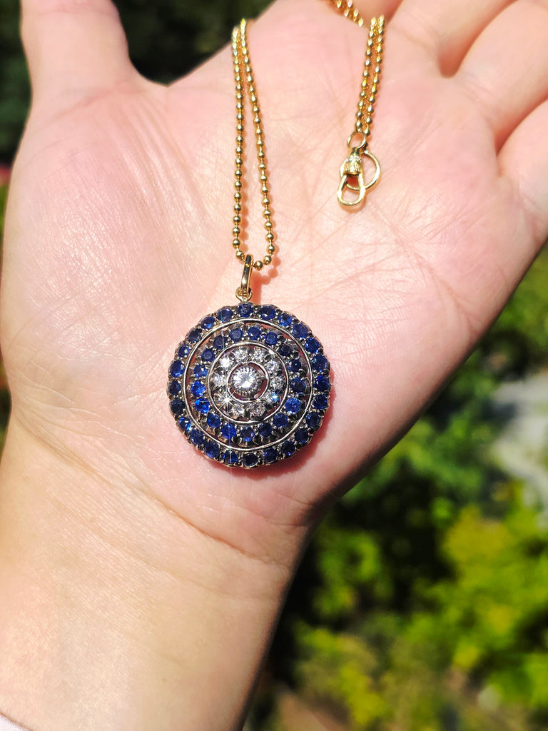 Antique Diamond & Blue Sapphire Brooch in 14k Gold and Silver | Indulgems