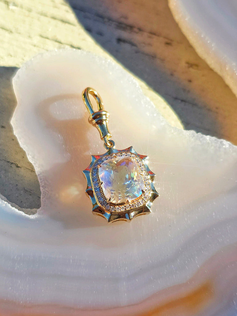 14k Yellow Gold Madagascar Rainbow Moonstone Aurora Halo Pendant | Indulgems