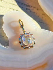 14k Yellow Gold Madagascar Rainbow Moonstone Aurora Halo Pendant | Indulgems