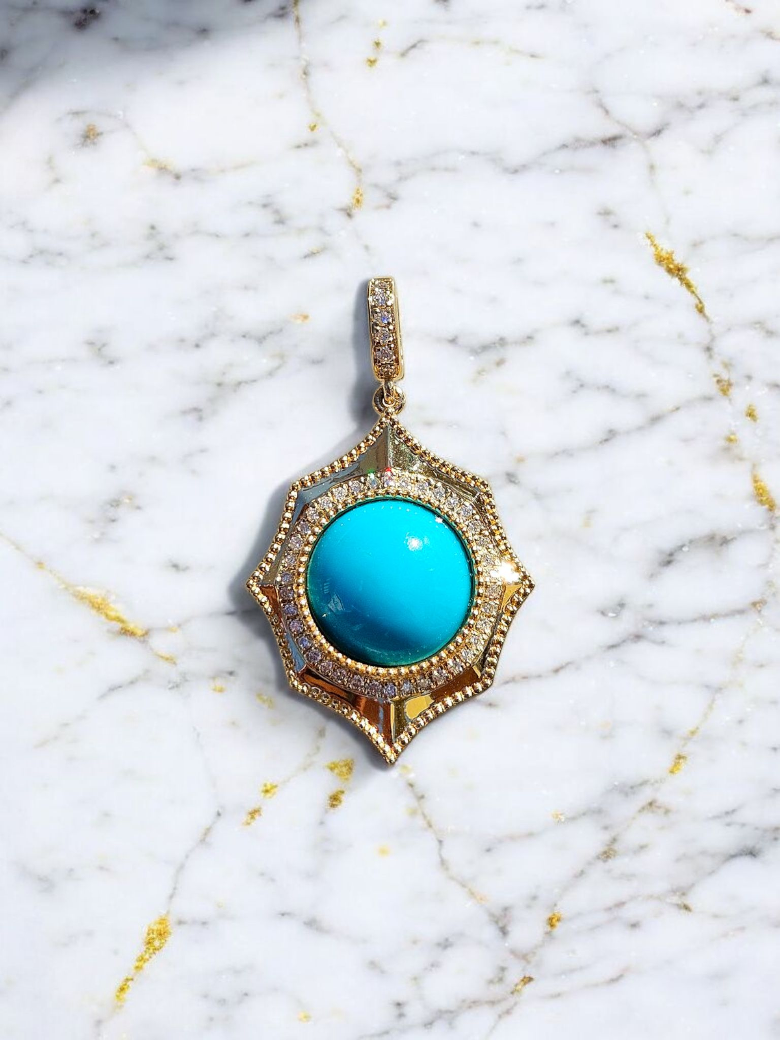 18k Solid Gold Sleeping Beauty Turquoise Gemstone Cabochon Pendant | Indulgems | Designs in Real Gold