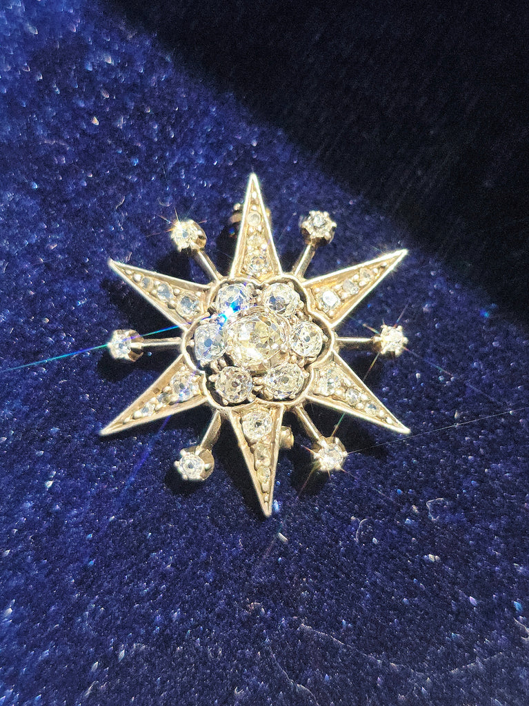 14K Yellow Gold & Silver - Antique Diamond Star Brooch | Indulgems | Designs in Real Gold