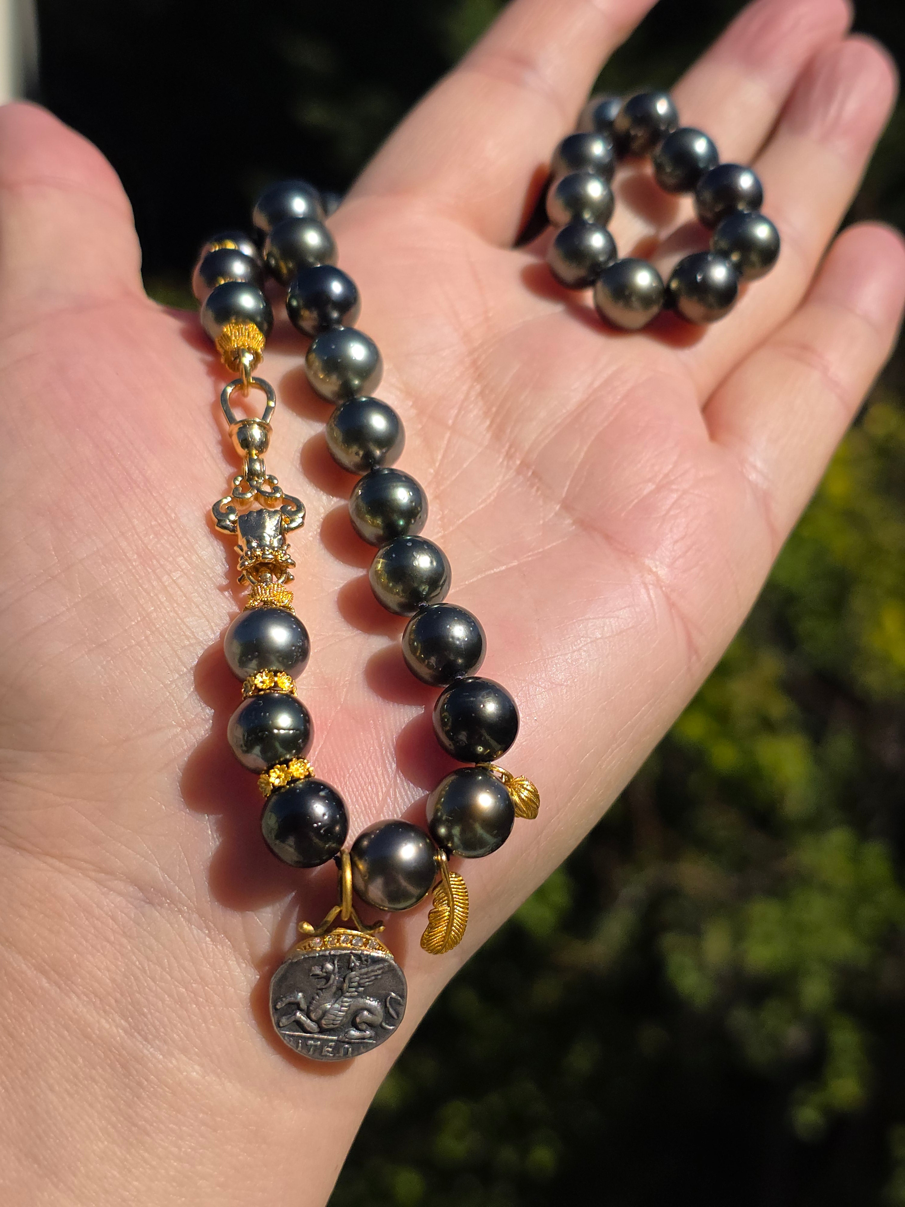 18k Solid Gold Tahitian Pearl Necklace with 3 Charms Oxidized Sterling Silver Coin in 24k Gold