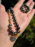 18k Solid Gold Tahitian Pearl Necklace with 3 Charms Oxidized Sterling Silver Coin in 24k Gold