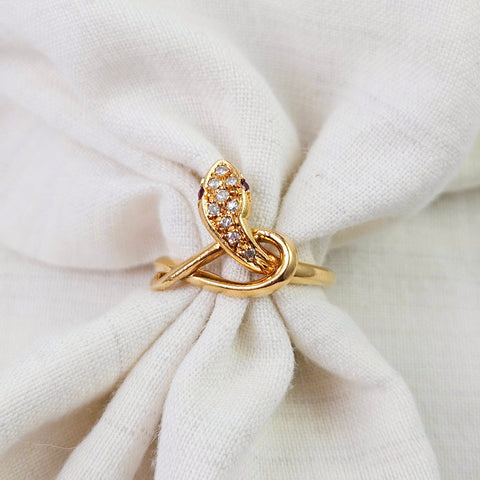 18K Solid Yellow Gold Antique Snake Ring with Diamond and Ruby Size 6.5 | Antique Jewelry | Indulgems | Designs in Real Gold