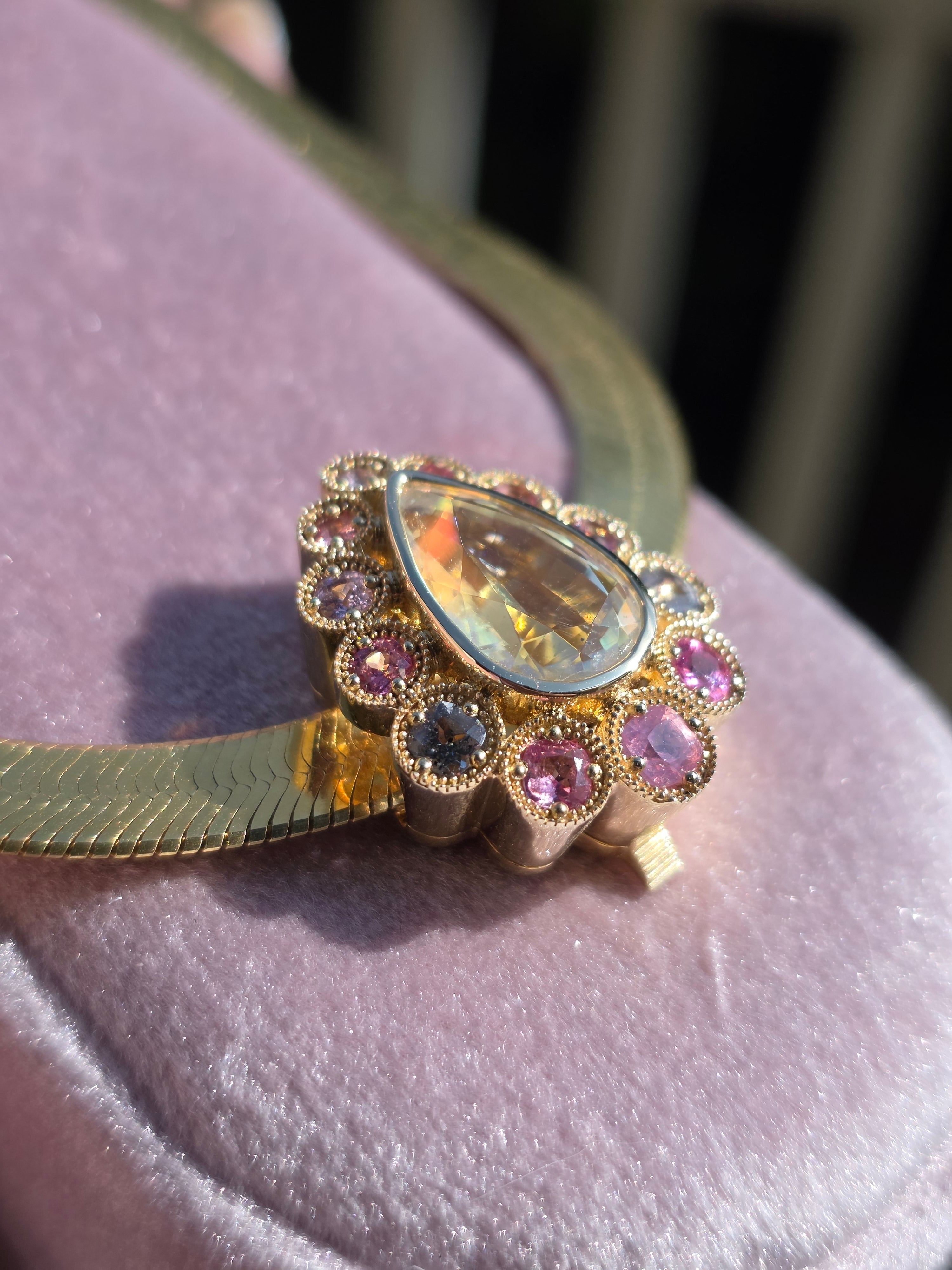 14k Yellow Gold Madagascar Rainbow Moonstone & Multicolor Spinel Pendant Clip | Indulgems | Starlit Collection