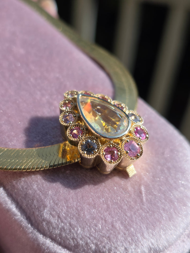 14k Yellow Gold Madagascar Rainbow Moonstone & Multicolor Spinel Pendant Clip | Indulgems | Starlit Collection