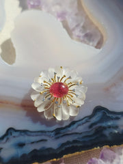 14k Yellow Gold Handcarved White Quartz Flower with Pink Tourmaline & Diamond | Indulgems | Designs in Real Gold