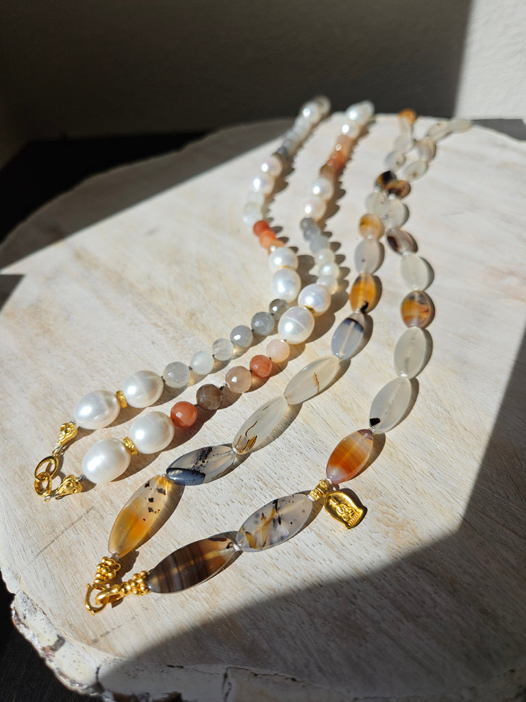 Multicolor White Peach Grey Moonstone Freshwater Pearl Genuine Gemstone 18K Yellow Gold Long Necklace 30"