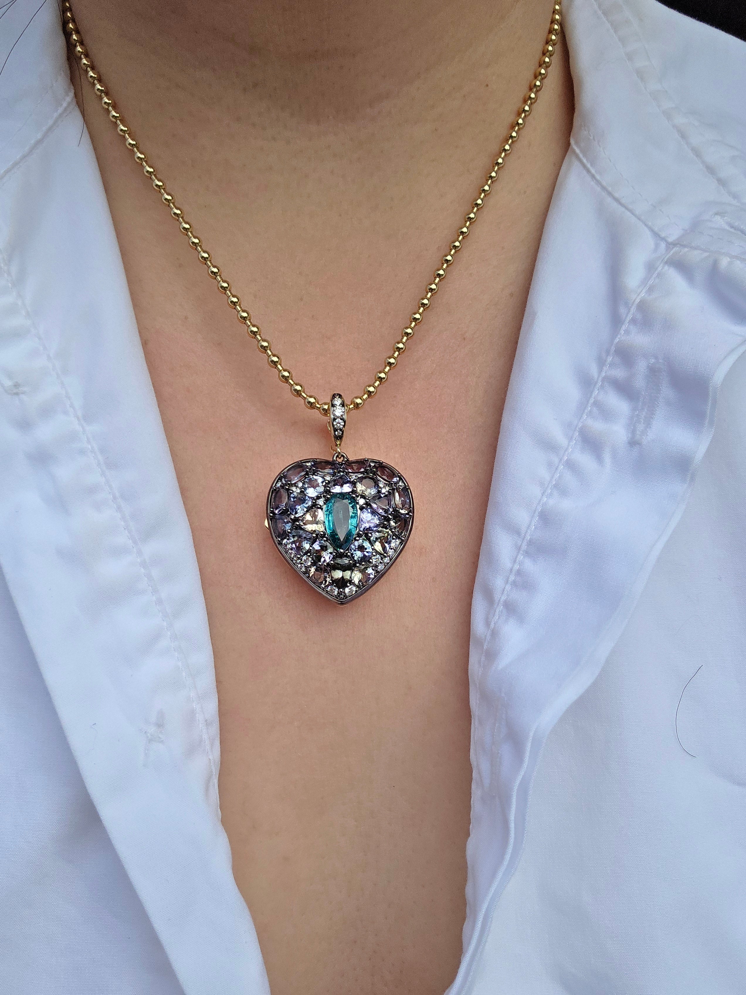 14k Yellow Gold & Platinum Large Emerald and Tanzanite Heart Locket Pendant | Indulgems