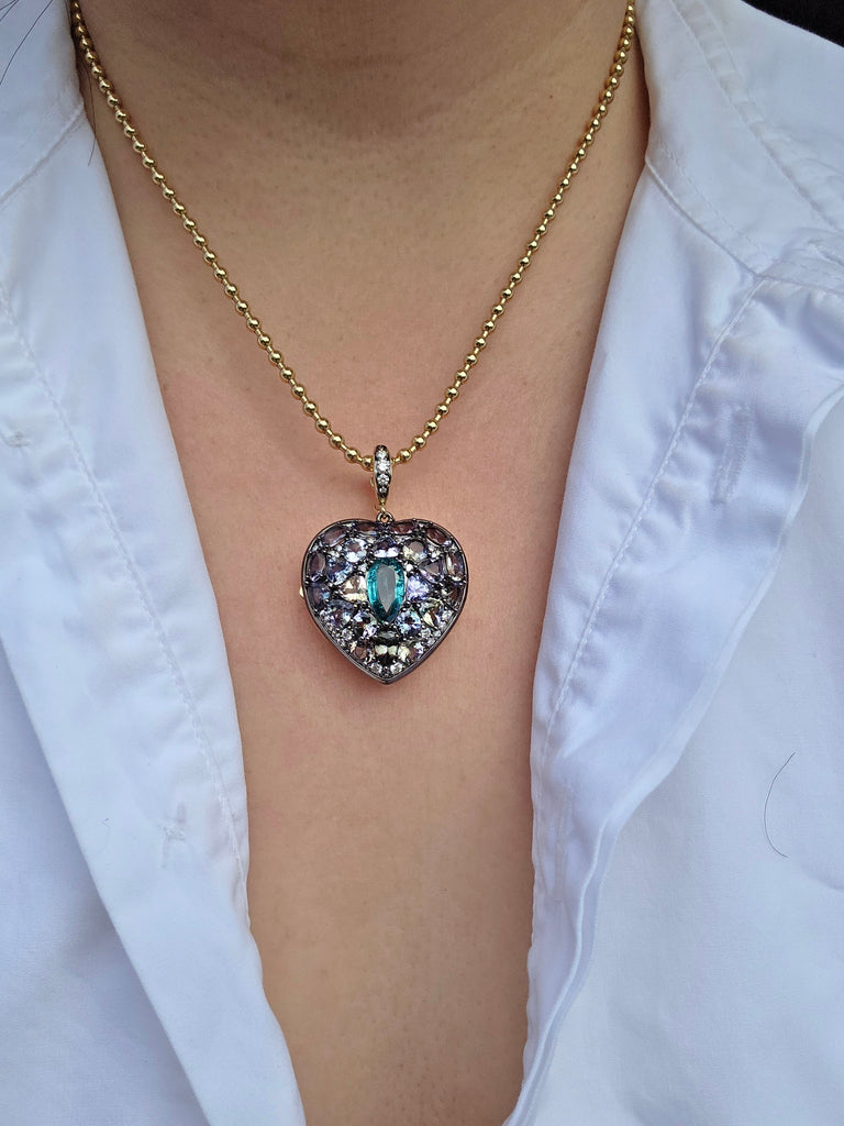 14k Yellow Gold & Platinum Large Emerald and Tanzanite Heart Locket Pendant | Indulgems