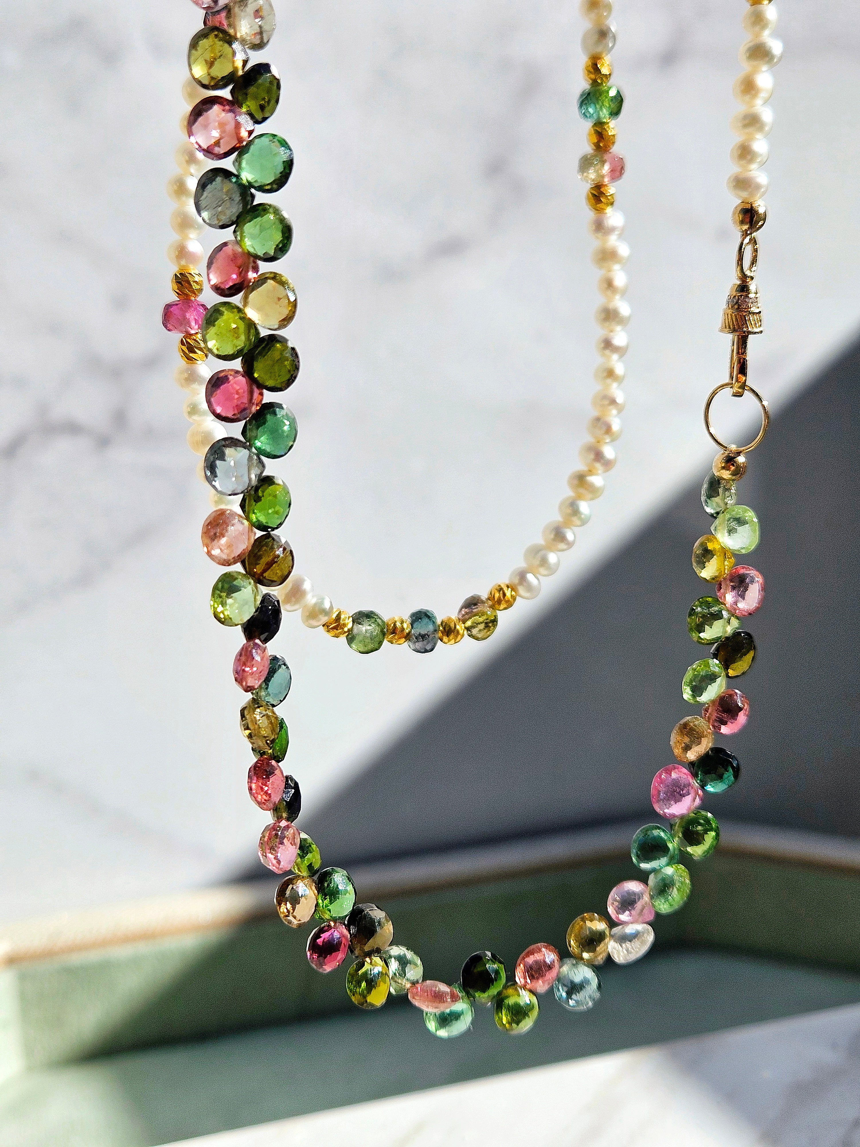 18k Yellow Gold Multicolor Tourmaline Gemstone Briolette Freshwater Pearl Rainbow Moonstone Halfsie Necklace