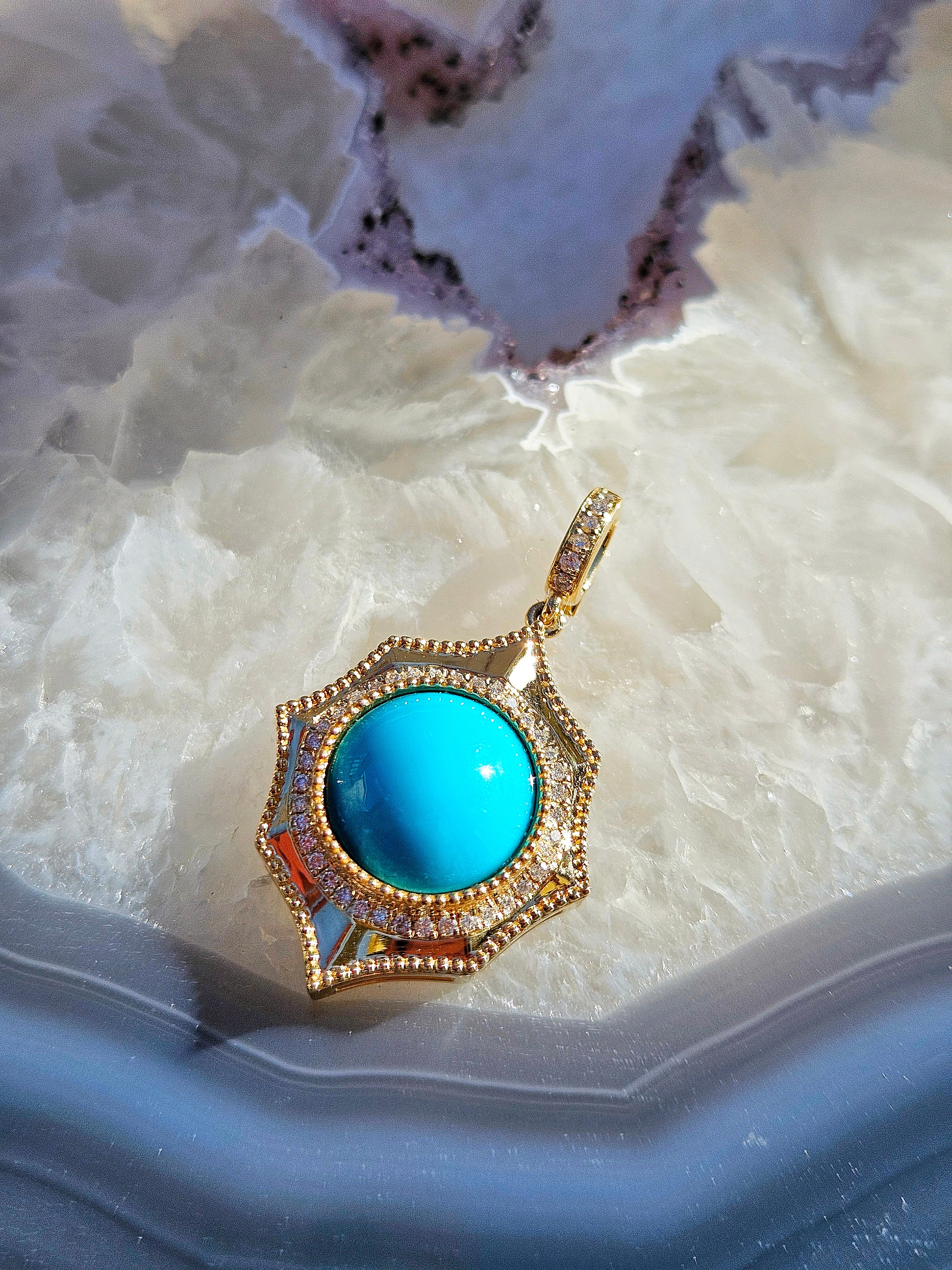 18k Solid Gold Sleeping Beauty Turquoise Gemstone Cabochon Pendant | Indulgems | Designs in Real Gold
