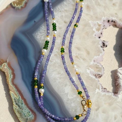 Genuine Gemstone Tanzanite, Chrome Diopside, Freshwater Pearl 18K Yellow Gold Long Necklace 32"