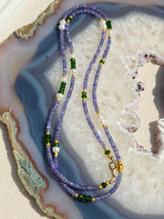 Genuine Gemstone Tanzanite, Chrome Diopside, Freshwater Pearl 18K Yellow Gold Long Necklace 32"