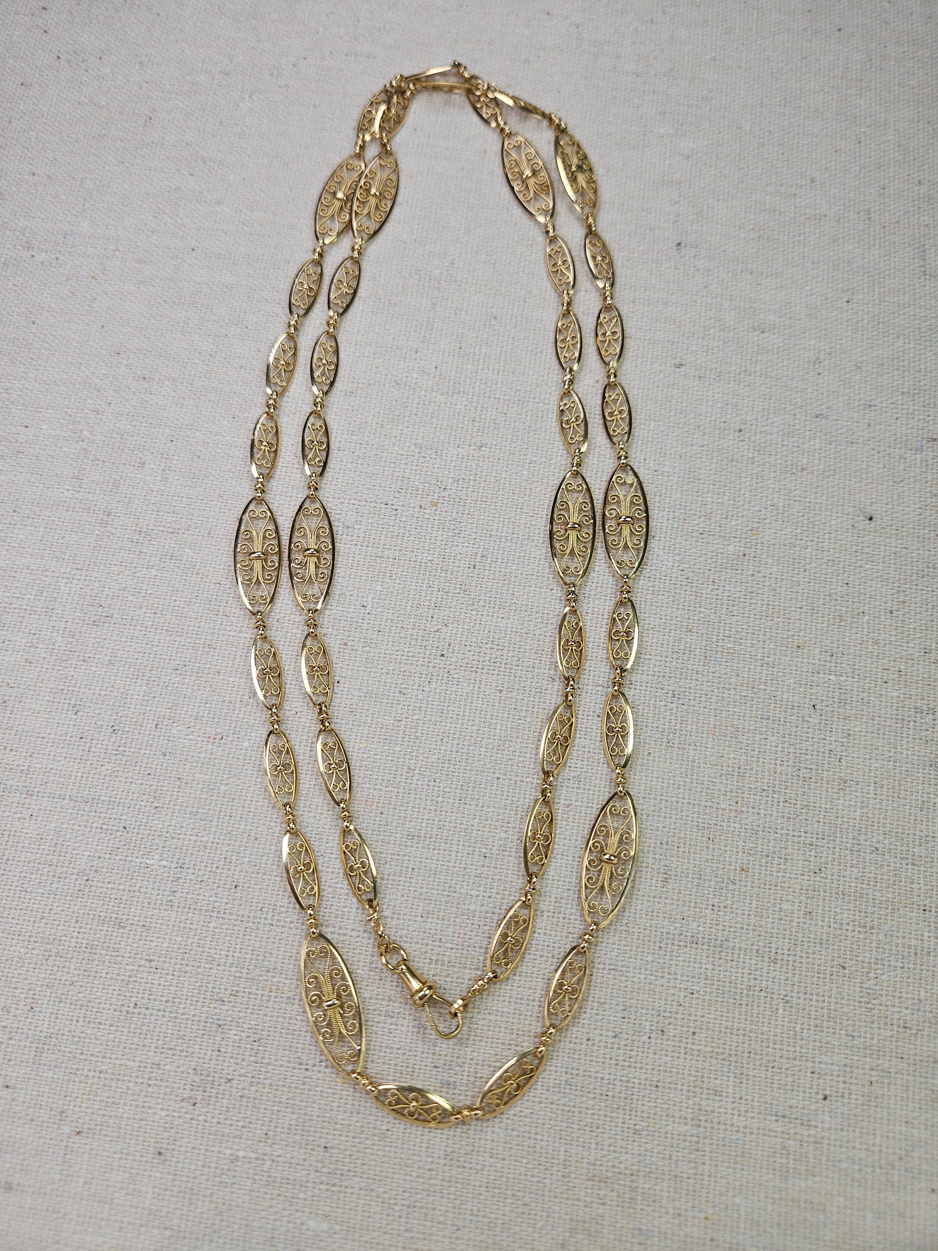 18K Gold Antique Filigree Link Long Chain Necklace 36.5"