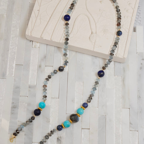 Copper Aquamarine, Lapis Lazuli, Amazonite, Sunset Dumortierite 18K Yellow Gold Gemstone Bead Necklace 24"