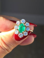 18k gold 2.5ct Colombian Emerald Diamond Daisy Diana Ring Vintage | Indulgems