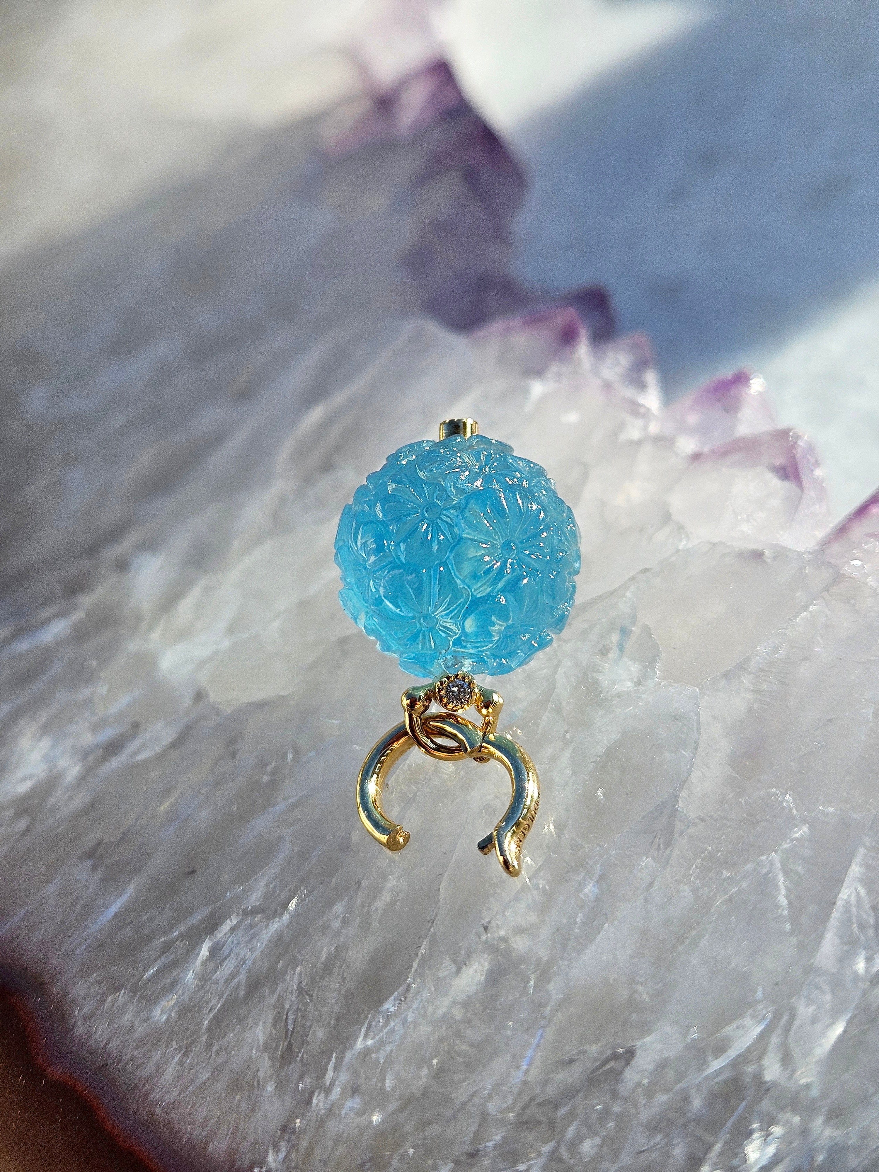 18k Yellow Gold Handcarved Aquamarine Flower Pompom Charm Pendant | Indulgems | Designs in Real Gold