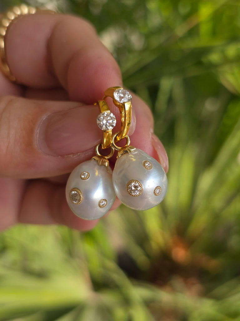 14k Yellow Gold Australian South Sea Pearl Diamond Studded Earring Charms | Indulgems