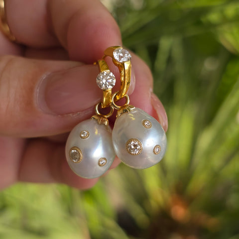 14k Yellow Gold Australian South Sea Pearl Diamond Studded Earring Charms | Indulgems