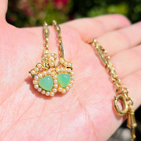 18k Yellow Gold Antique Double Heart Chrysoprase & Pearl Brooch | Indulgems