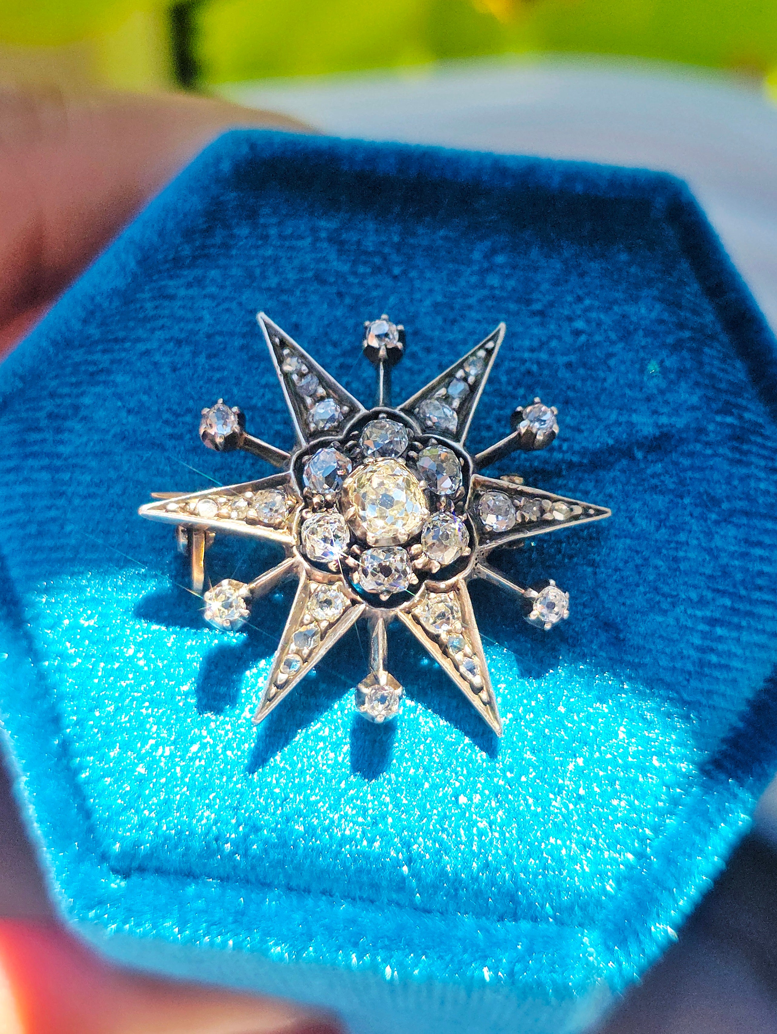 14K Yellow Gold & Silver - Antique Diamond Star Brooch | Indulgems | Designs in Real Gold