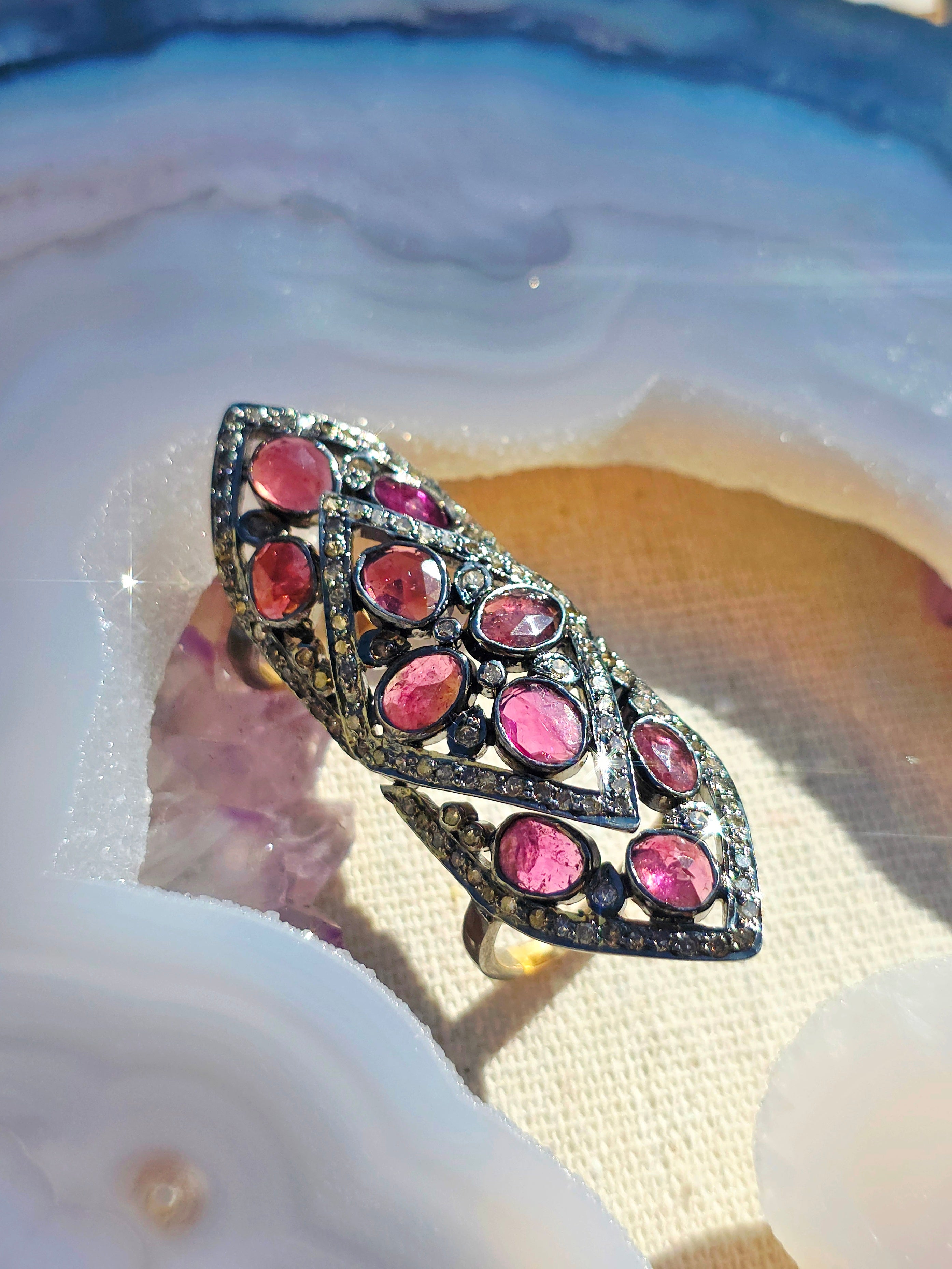 18k Gold & Oxidized Silver Full Finger Articulated Ring with Champaign Diamond Pave and Rose-cut Pink Tourmaline sz 8 | Indulgems