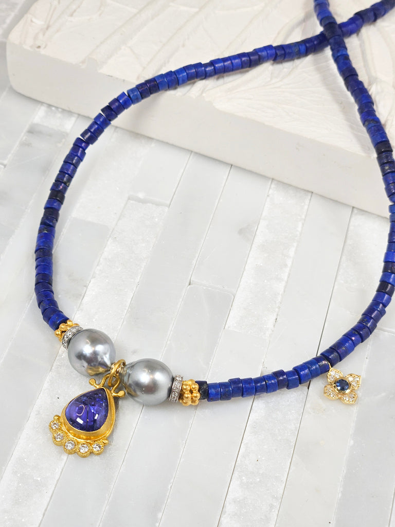 Lapis, Tahitian Pearl, Tanzanite and Diamond Gold Necklace 18"
