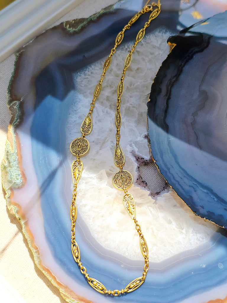 18k Solid Gold French Antique Filigree Necklace 20" | Indulgems