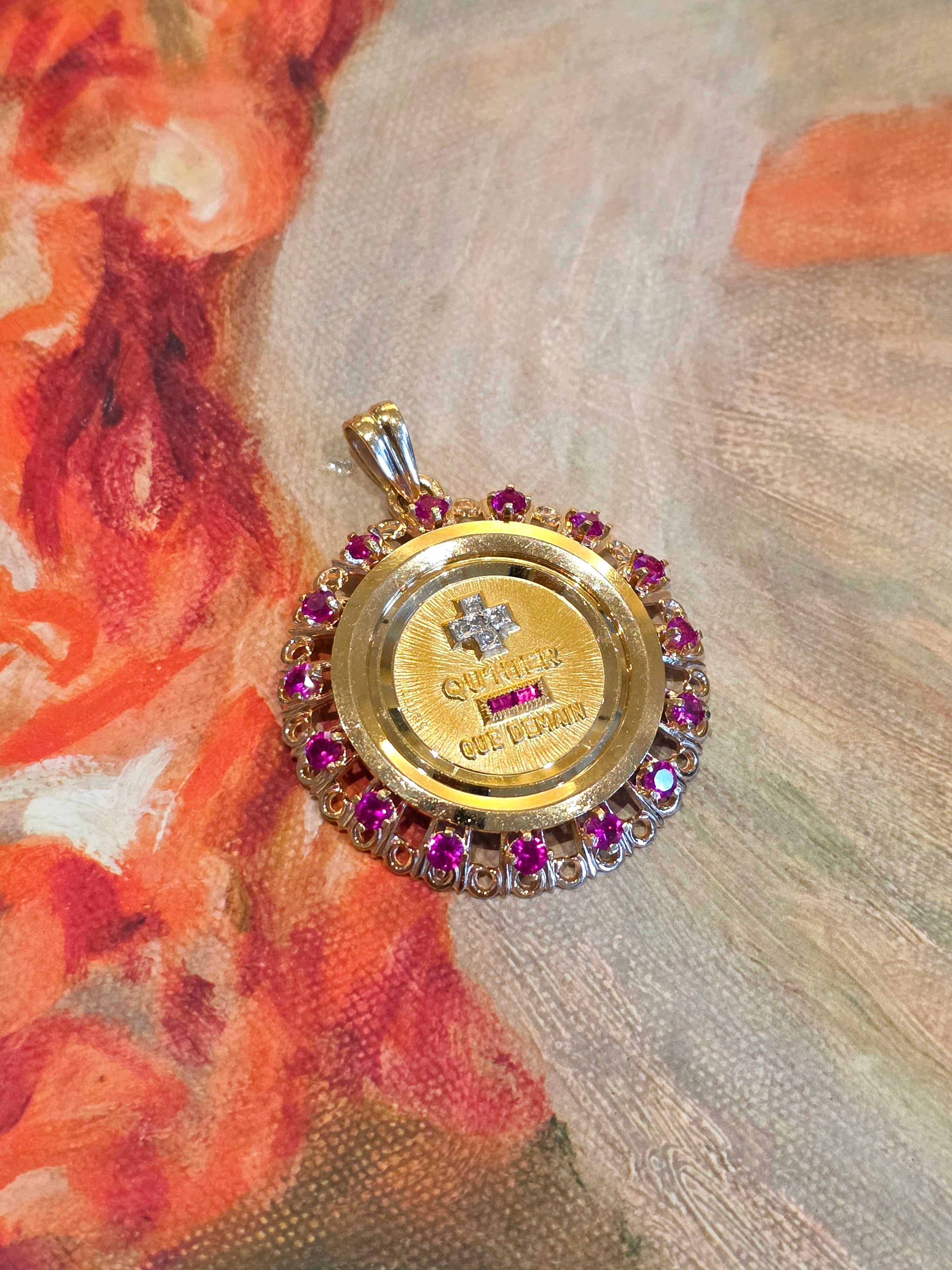 18k Solid Gold Signed Authentic Augis Love Medal Pendant Grande Model with Ruby | Indulgems