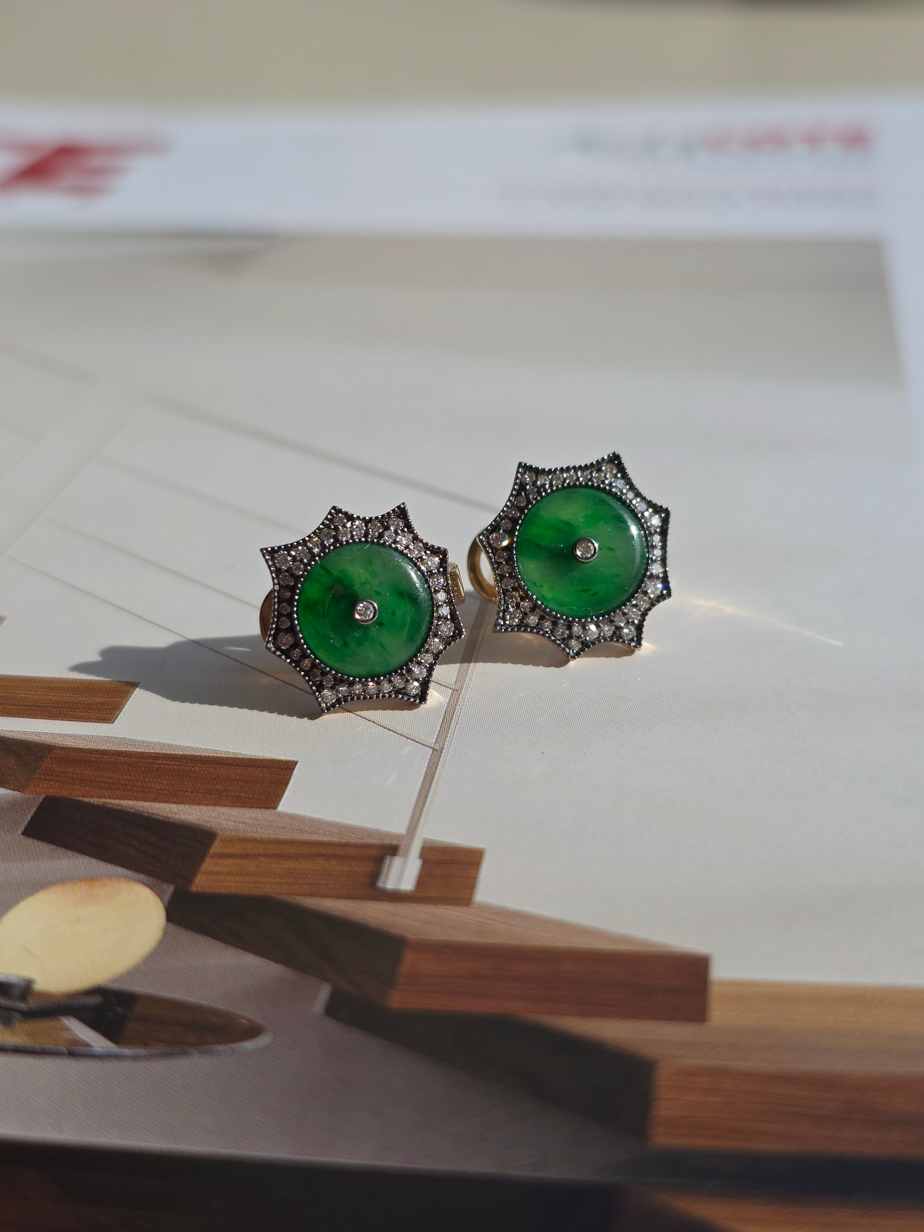 14k Yellow Gold Burmese Jadeite Donut Diamond Earrings | Indulgems