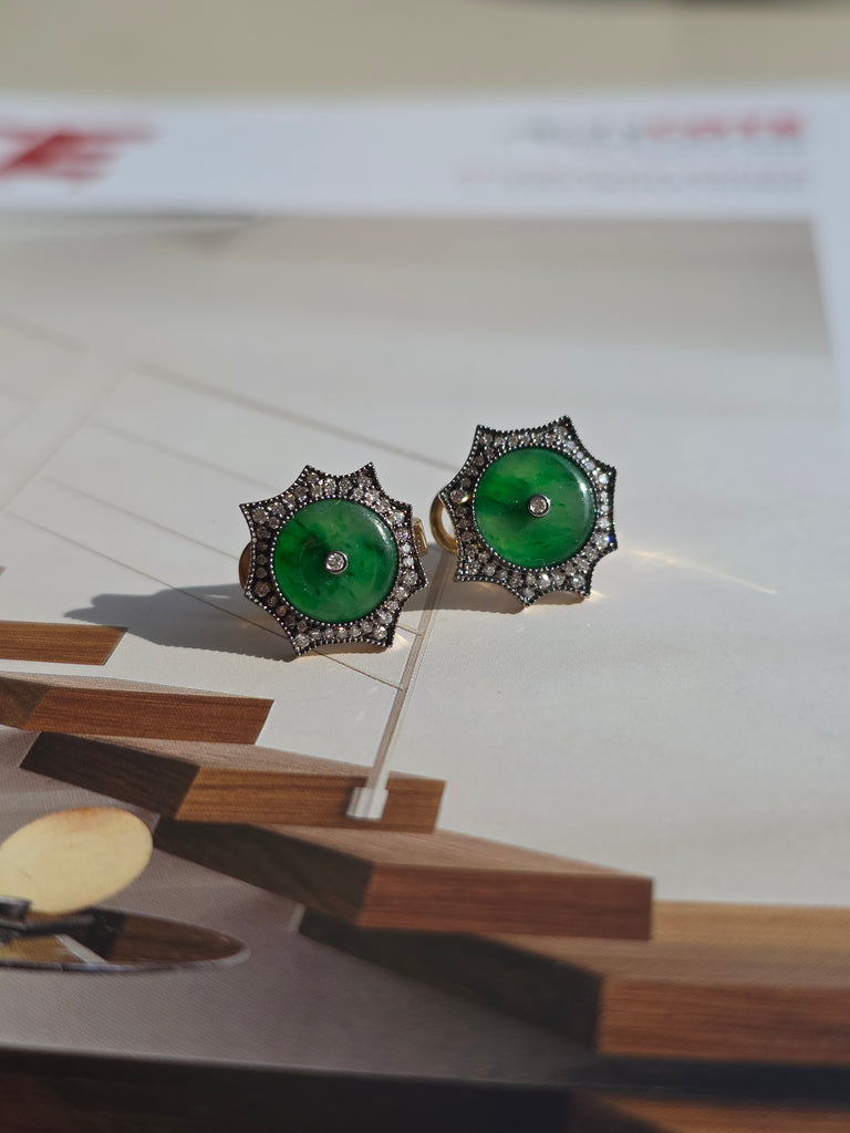 14k Yellow Gold Burmese Jadeite Donut Diamond Earrings | Indulgems