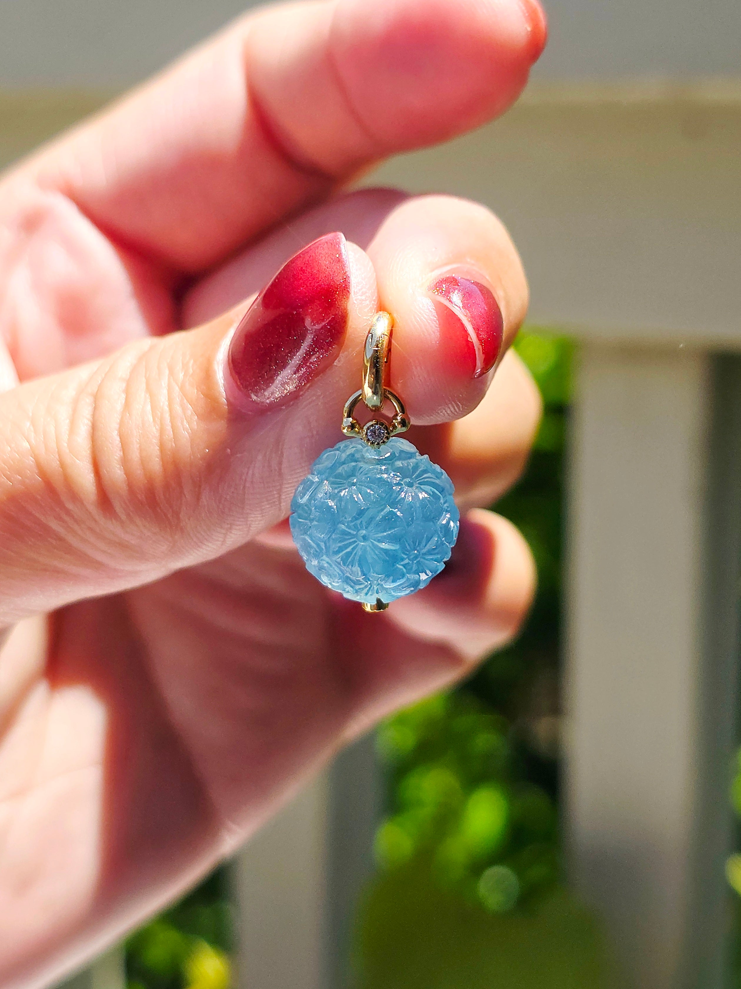 18k Yellow Gold Handcarved Aquamarine Flower Pompom Charm Pendant | Indulgems | Designs in Real Gold