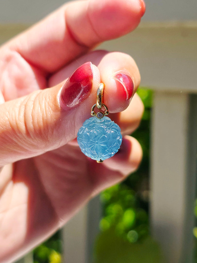 18k Yellow Gold Handcarved Aquamarine Flower Pompom Charm Pendant | Indulgems | Designs in Real Gold