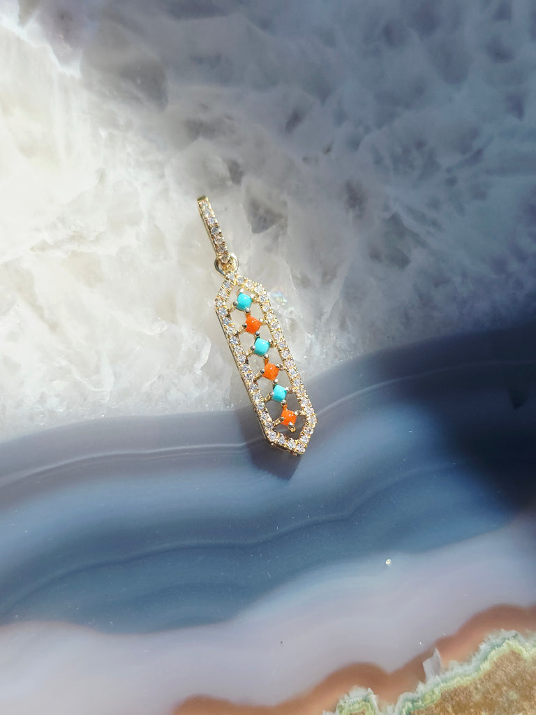 14k Yellow Gold Diamond Turquoise Coral Little Shield Pendant | Indulgems