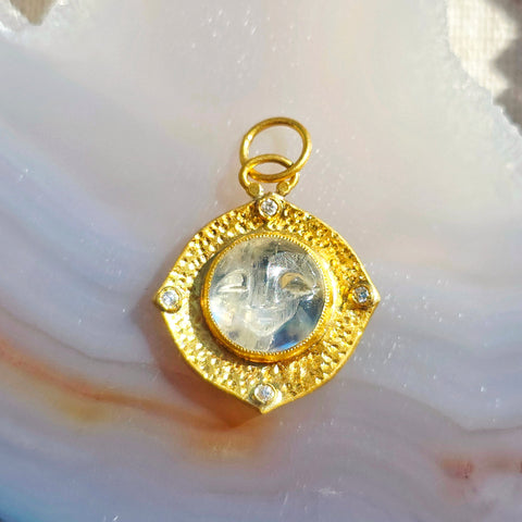24K Gold Rainbow Moonstone Pendant with Diamond & Sterling Silver - Carved Moonface Intaglio