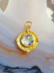24K Gold Rainbow Moonstone Pendant with Diamond & Sterling Silver - Carved Moonface Intaglio
