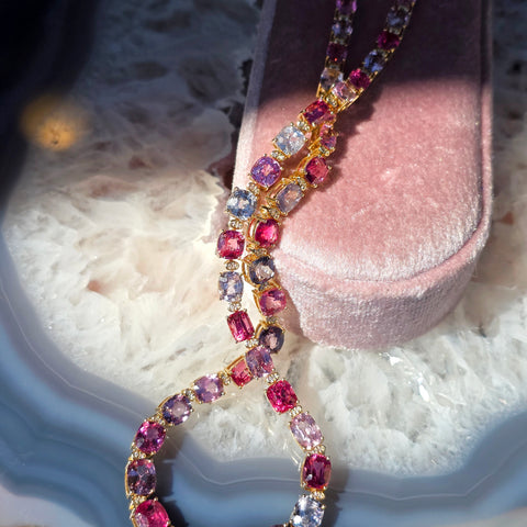 14k Yellow Gold 44ct Burmese Spinel Tennis Necklace | Indulgems