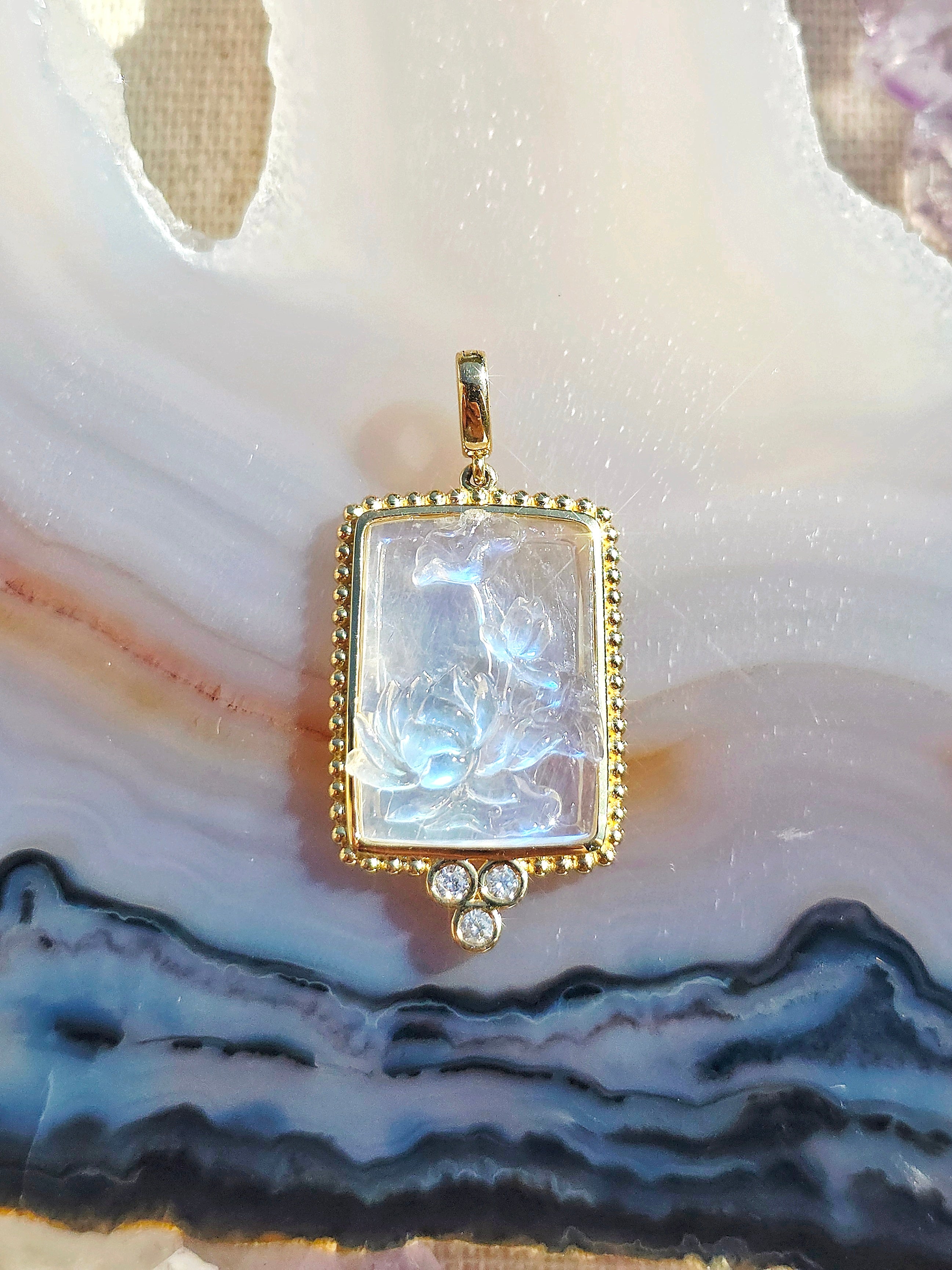 18k Yellow Gold Handcarved Lotus Flower Rainbow Moonstone Pendant | Indulgems | Designs in Real Gold
