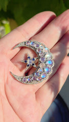 14k Gold and Silver Vintage Rainbow Moonstone, Sapphire & Diamond Statement Crescent Star Brooch | Indulgems