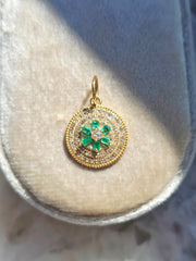 14k Yellow Gold Emerald & Diamond Round Disc Charm | Indulgems