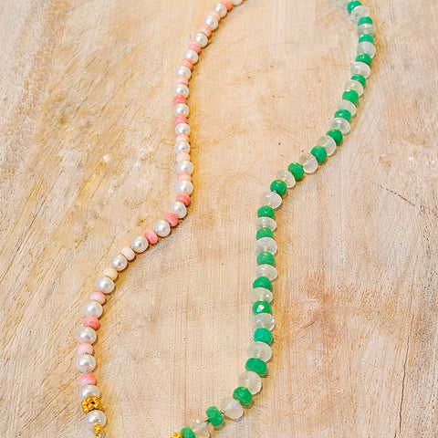 18K Yellow Gold Gemstone Halfsie Necklace with Chrysoprase, Rainbow Moonstone, Pink Shell & Freshwater Pearl | Indulgems | Designs in Real Gold