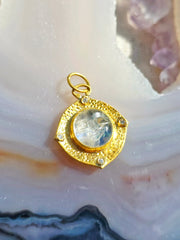 24K Gold Rainbow Moonstone Pendant with Diamond & Sterling Silver - Carved Moonface Intaglio