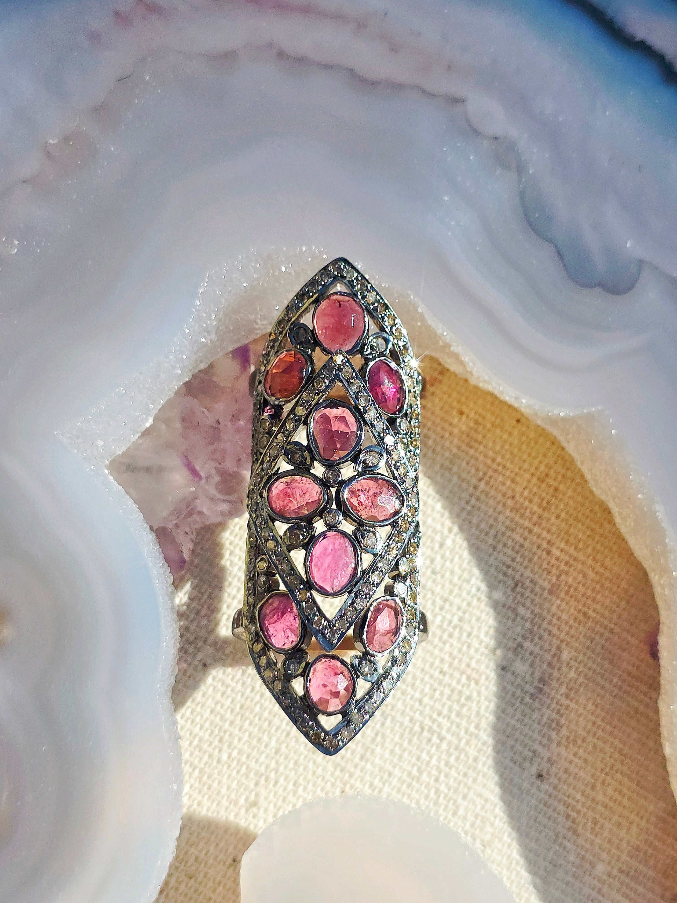 18k Gold & Oxidized Silver Full Finger Articulated Ring with Champaign Diamond Pave and Rose-cut Pink Tourmaline sz 8 | Indulgems